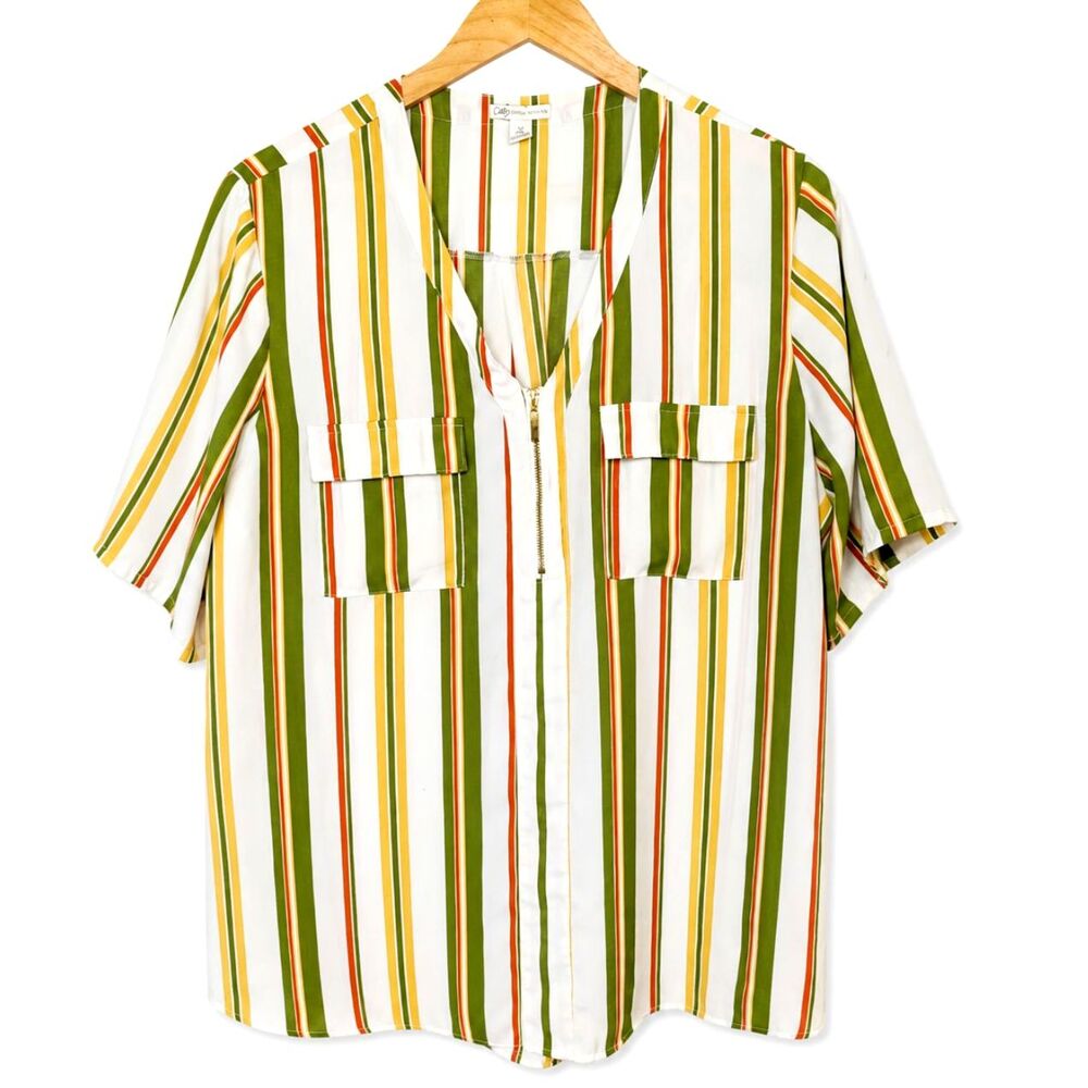 Cato Established 1946 Green Yellow Stripe Zip Front Utility Blouse XL